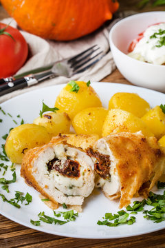 Chicken breast stuffed with cheese and dried tomatoes.