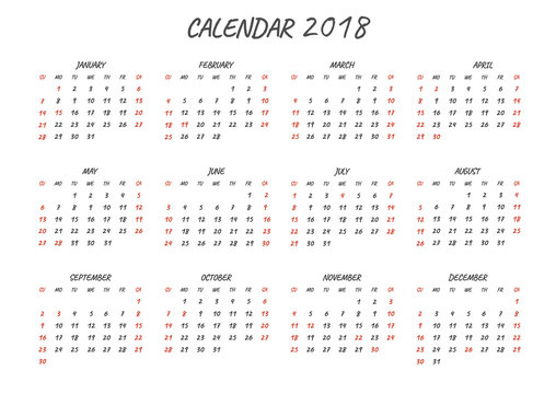 Calendar 2018.Regular font.