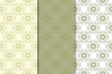 Set of  olive green floral backgrounds. Seamless patterns