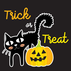 Cute Halloween in Trick or Treat lettering design concept with Jack O'Lantern pumpkin and black cat on dark background for poster, banner, party invitation, greeting card. Vector Illustration.