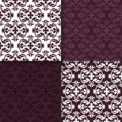 Wallpaper set of maroon seamless patterns with floral ornaments
