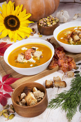 Pumpkin soup food autumn delicious useful basil seeds  cup white background