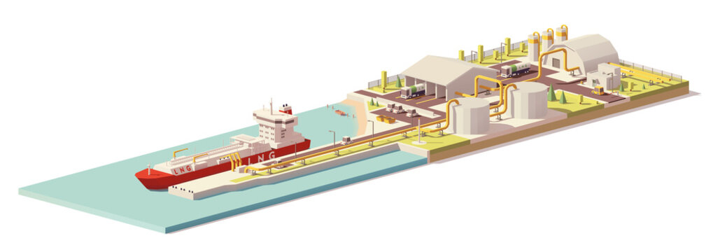 Vector low poly LNG terminal and LNG carrier ship