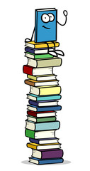 Buch als Cartoon Charakter auf Bücherstapel