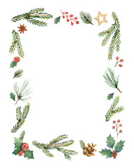 Watercolor vector Christmas frame with fir branches and place for text.