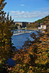 View of a weir on the river Vltava in Prague