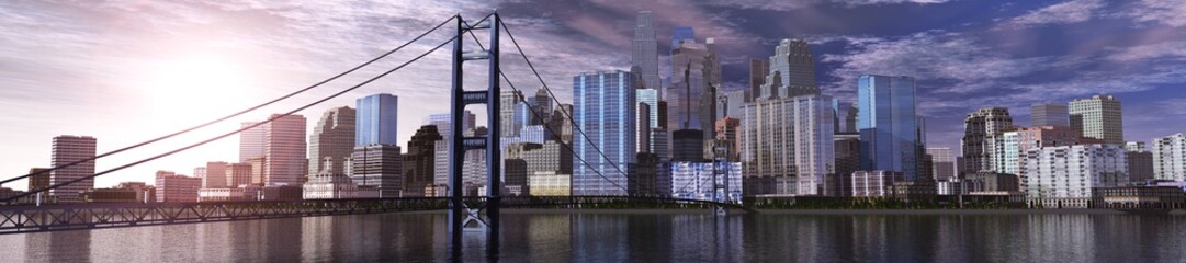 Naklejka premium modern city with a bridge across the bay, a bridge at sunrise in the background of the city, 3d rendering 
