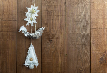 Fabric Christmas decorations in a nordic style. Copy space.