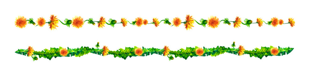 Dandelions Floral vines, border, liana with leaves and flowers. drawing watercolor.