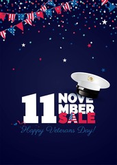 Happy Veterans Day sale banner. Holiday background with bunting flags and captain cap. Thank you, Veterans. Vector  illustration