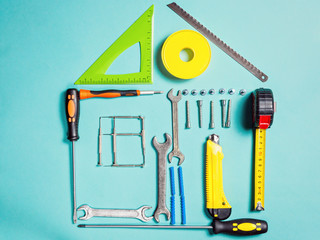 Home improvement concept. Set work hand tool for construction or repair of house