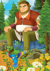 cartoon scene with giant in the forest sitting on big rock - illustration for the children © honeyflavour