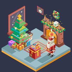 Isometric Room Cristmas New Year Santa Claus Icons Greeting Card Elements Flat Design Template Vector Illustration