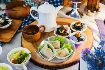Black Spaghetti with shrimp ,fresh noodle spring roll and salad
