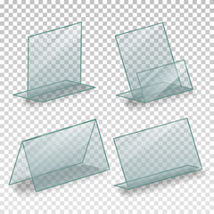 Table Blank Plastic Stand Holder Vector. Empty Business Information Plexiglass Holder. For Menu Paper Calendar Card. Isolated Illustration