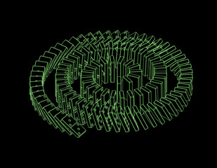 Spiral of falling dominoes. Isolated on black background.