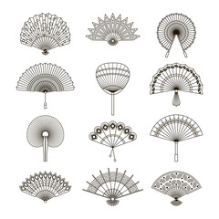 Hand paper fan vector icons. Chinese or japanese beautiful fans isolated. Monochrome japanese souvenir fans illustration. Line style