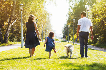 Naklejka na ściany i meble Happy family with dog walking in the Park