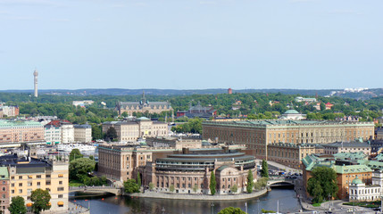 Top view of parliament building (Riksdag) from the town hall, sunny day, Stockholm, Sweden