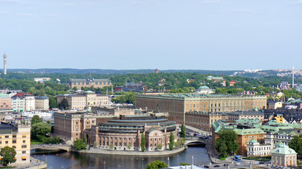 Panoramic view of parliament building (Riksdag) and royal palace from the town hall, Stockholm, Sweden
