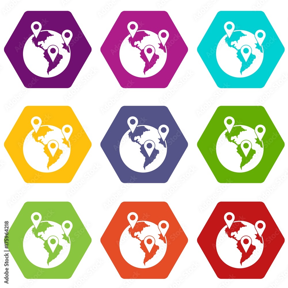 Poster globe and map pointers icon set color hexahedron
