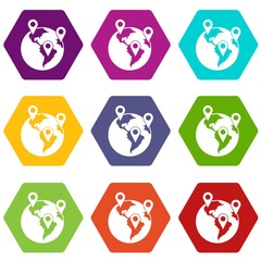Globe and map pointers icon set color hexahedron