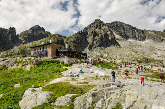 28 of July, 2015, Editorial photo of Terry cottage in High tatras mountains with cloudy atmosphere, Slovakia.
