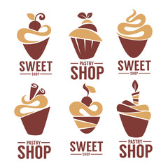 bakery, pastry, confectionery, cake, dessert, sweets shop, vector logo and emblem collection