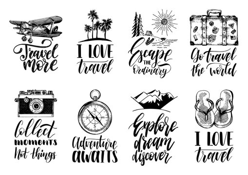 Vector set of hand lettering with phrases about traveling and sketches of touristic symbols.