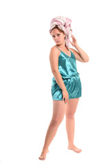 Female model dressed in blue pajamas