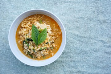 hot spicy noodle on blue fabric