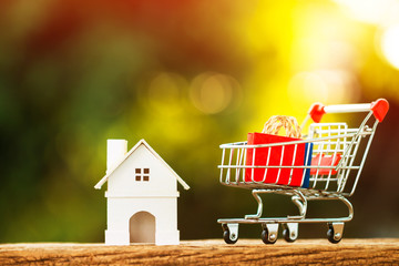 Shopping basket cart and shopping bags inside and house model put on the wood in the public park,...