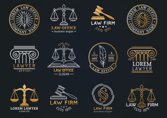 Law office symbols set with scales of justice, gavel etc illustrations. Vector attorney, advocate labels etc.