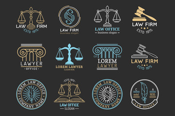 Law office symbols set with scales of justice, gavel etc illustrations. Vector attorney, advocate labels etc.