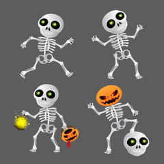 Happy cartoon skeleton set. Vector illustration to Happy Halloween on grey background