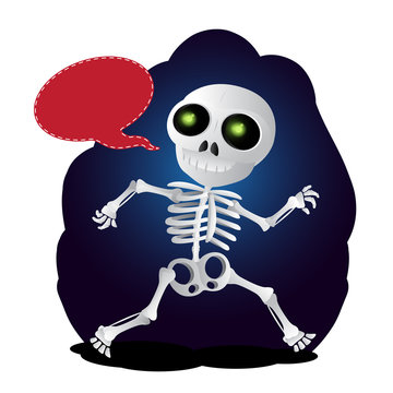 Happy cartoon skeleton runs with speach bubble. Vector illustration to Happy Halloween isolated on white background