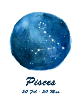 Pisces constellation icon of zodiac sign Pisces in cosmic stars space. Blue starry night sky inside circle background. Galaxy space design for horoscope icon, cards, posters, fortune telling.