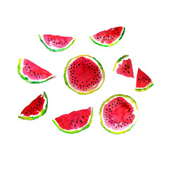 Watermelon slices watercolor hand made illustration set