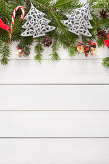 Fototapeta na wymiar Christmas decoration, ornaments and garland frame background
