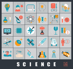 Collection of scientific icons. Icons of science, ideas, physics, chemistry, astronomy, genetic engineering.