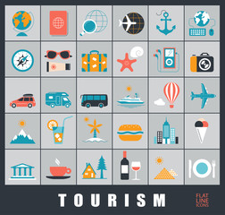 Set of premium quality tourism icons.
Collection of  vector icons for travel, tourism, leisure, holiday, vacation, booking. 

