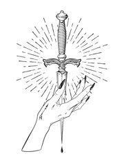 Female hand pierced with ritual dagger in rays of light isolated on white background hand drawn vector illustration. Black work, flash tattoo or print design