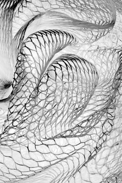 Closeup of plastic mesh material, twists, curves, highlights, shadows