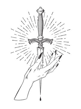 Naklejki Female hand pierced with ritual dagger in rays of light isolated on white background hand drawn vector illustration. Black work, flash tattoo or print design