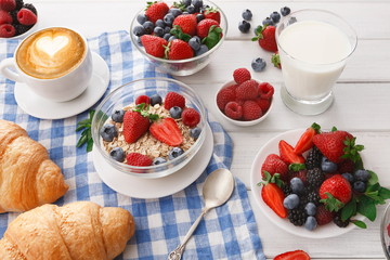 Continental breakfast with croissants and berries on checkered cloth