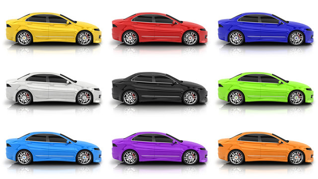 Nine car in different colors