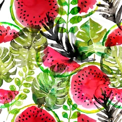 Wallpaper murals Watermelon Tropical watermelon and palm leaves seamless pattern. Watercolor painting