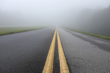 Fog shrouded roadway from low angle view