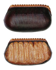 Egg case (ootheca) of American cockroach (Periplaneta americana) and its shell cut open isolated on...