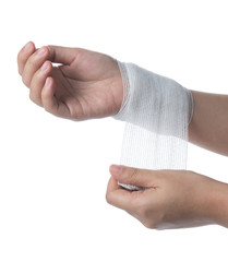 Fototapeta premium Injured hand with bandage isolate white background